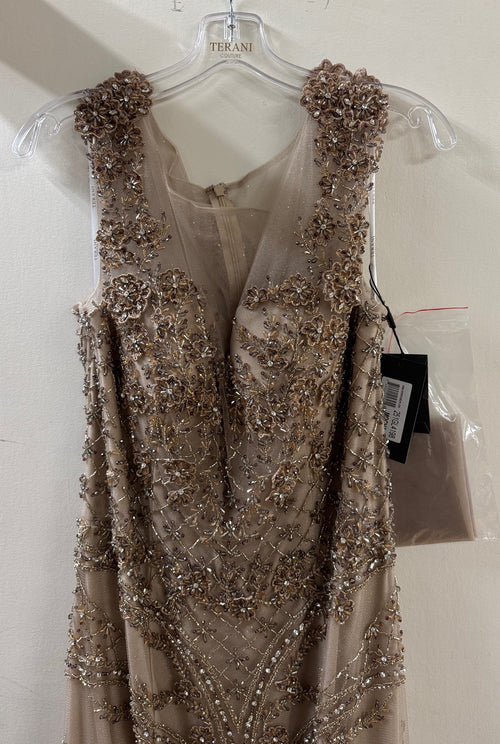 Clearance Mocha Size 12 Sophisticated Elegant Formal Long Evening Beaded Tulle Dress By Terani Couture 251GL4198