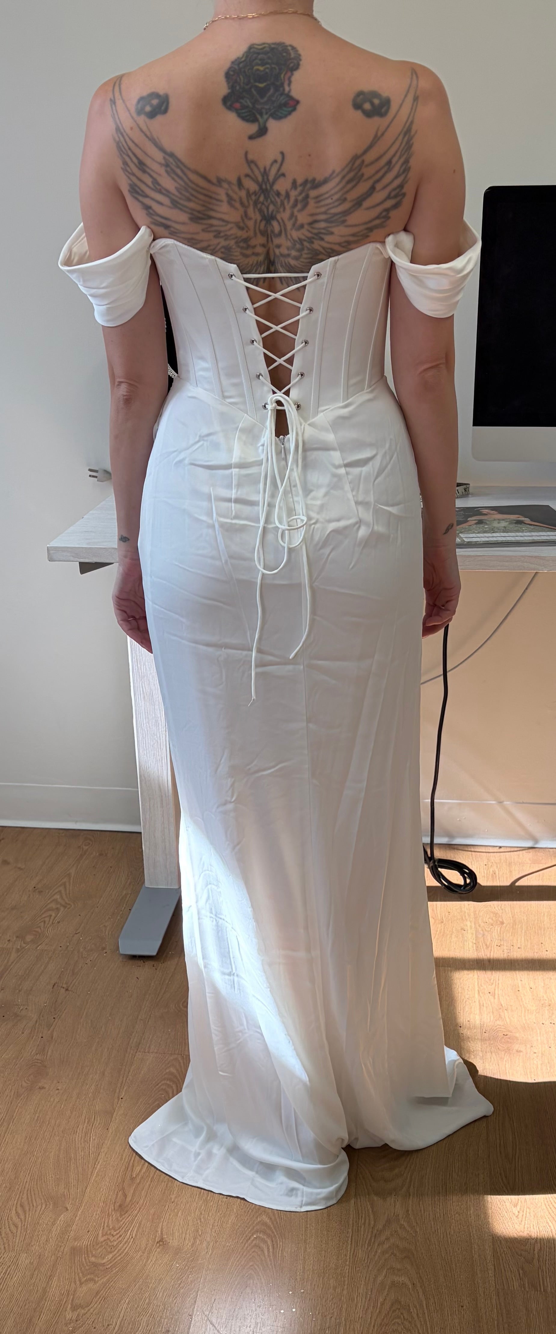 Elegant Off Shoulder Ivory Satin Wedding Gown with Corset Back and High Slit By May Queen MQ1953