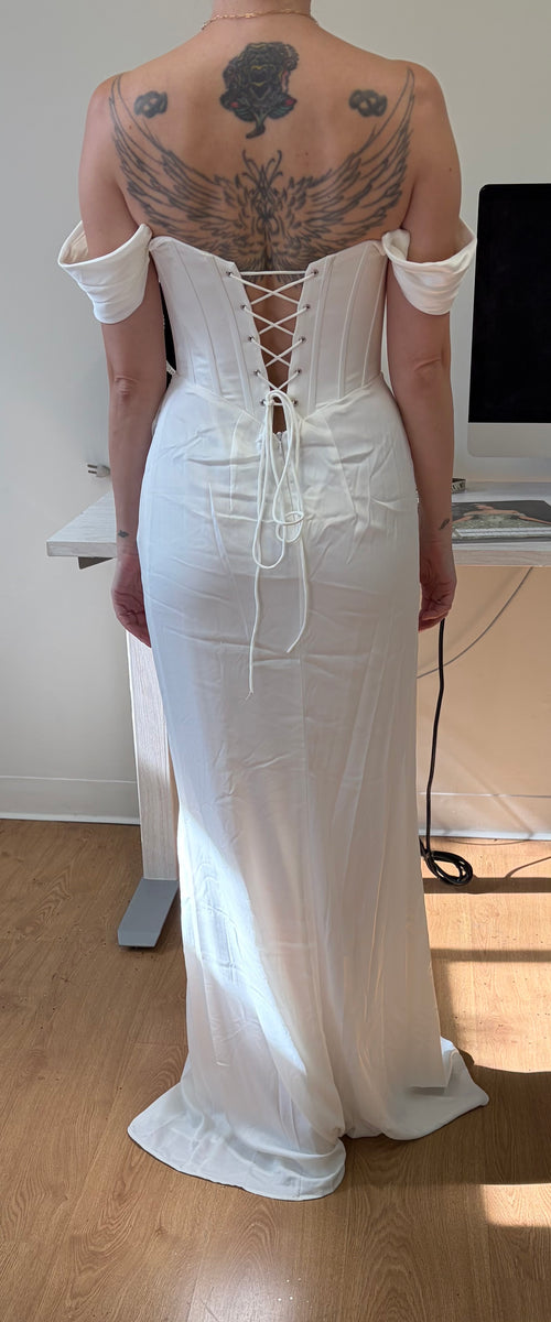 Elegant Off Shoulder Ivory Satin Wedding Gown with Corset Back and High Slit By May Queen MQ1953