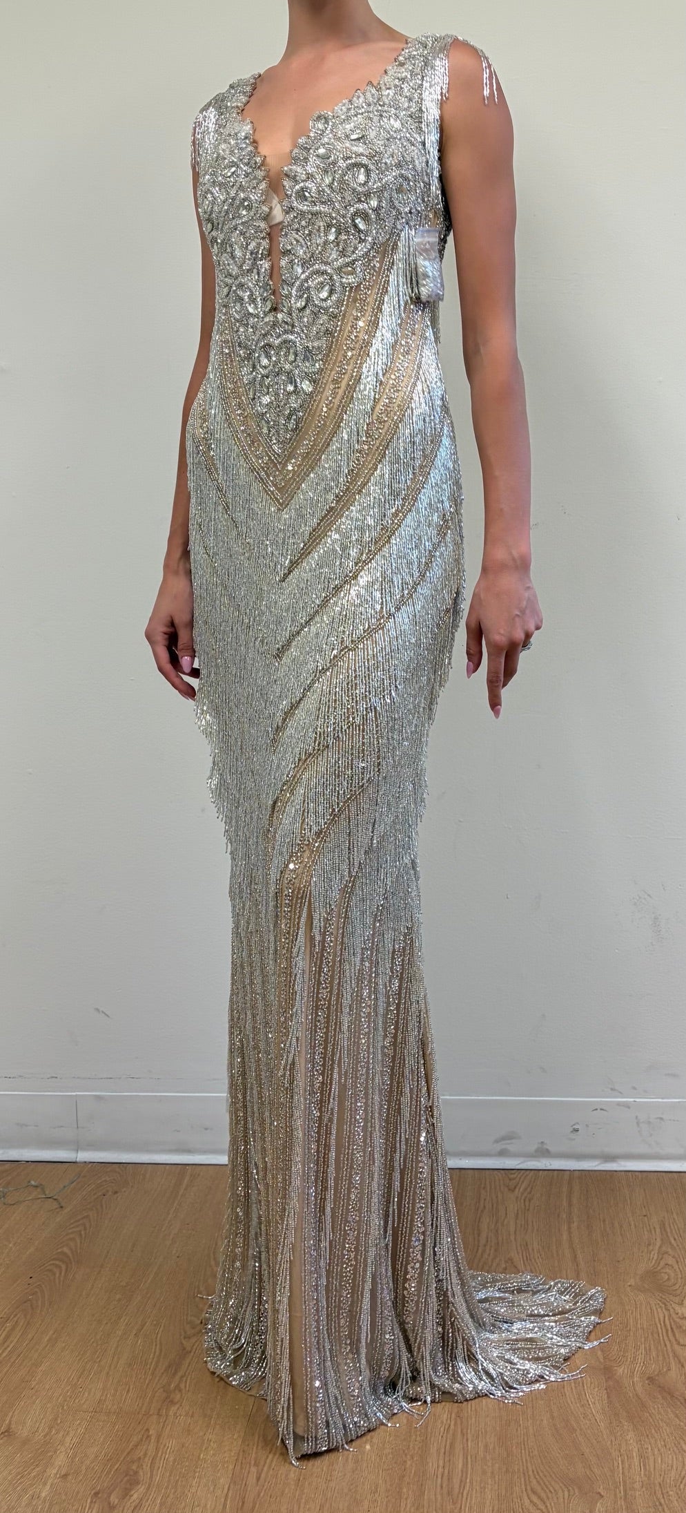 Clearance Silver nude Size 4 Elegant Evening Mother of the Bride Formal Tulle Dress By Terani Couture 251GL4345