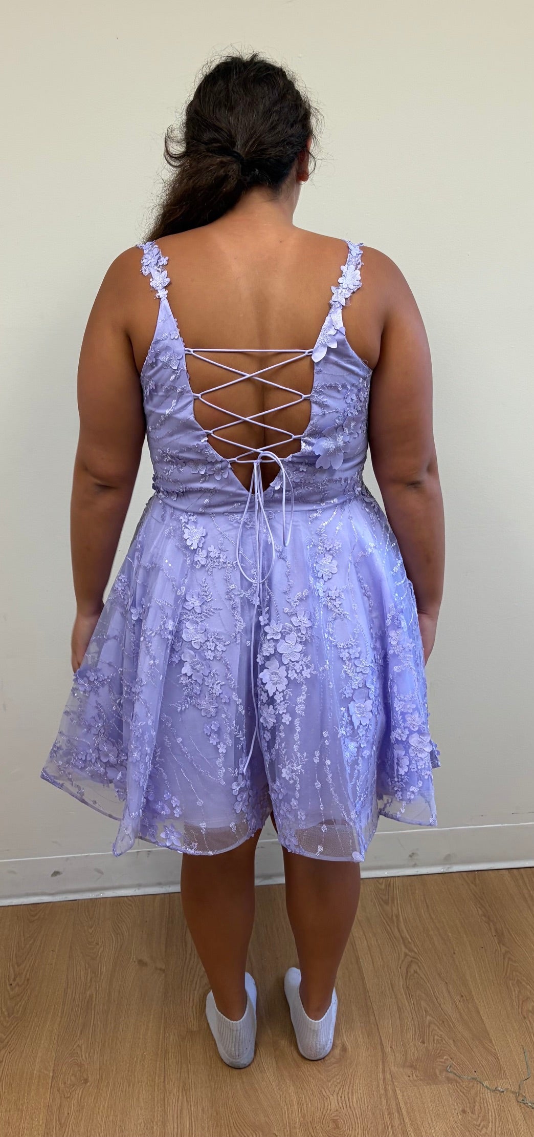 3D Floral Lace Short A-Line Dress with Deep V-Neck & Lace-Up Back By May Queen MQ1896