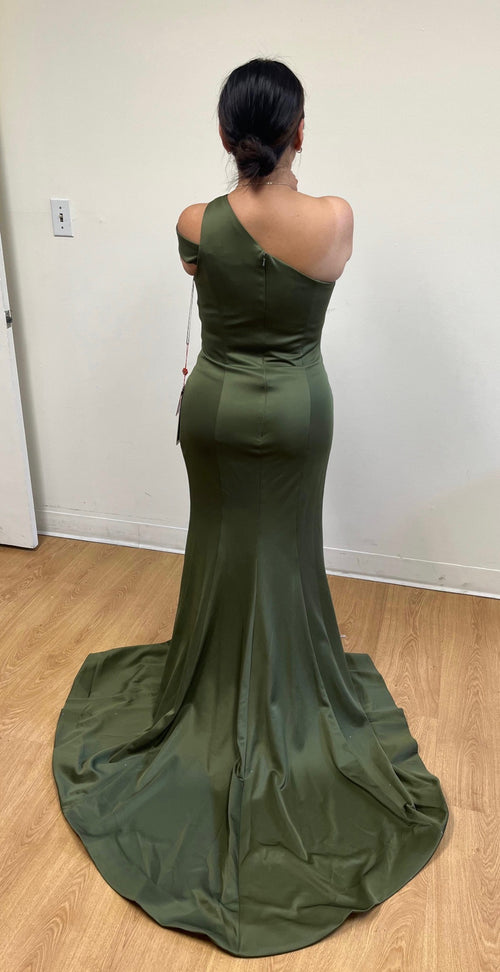 One-Shoulder Satin Evening Gown with Side Slit Fitted Formal Dress by May Queen MQ2199