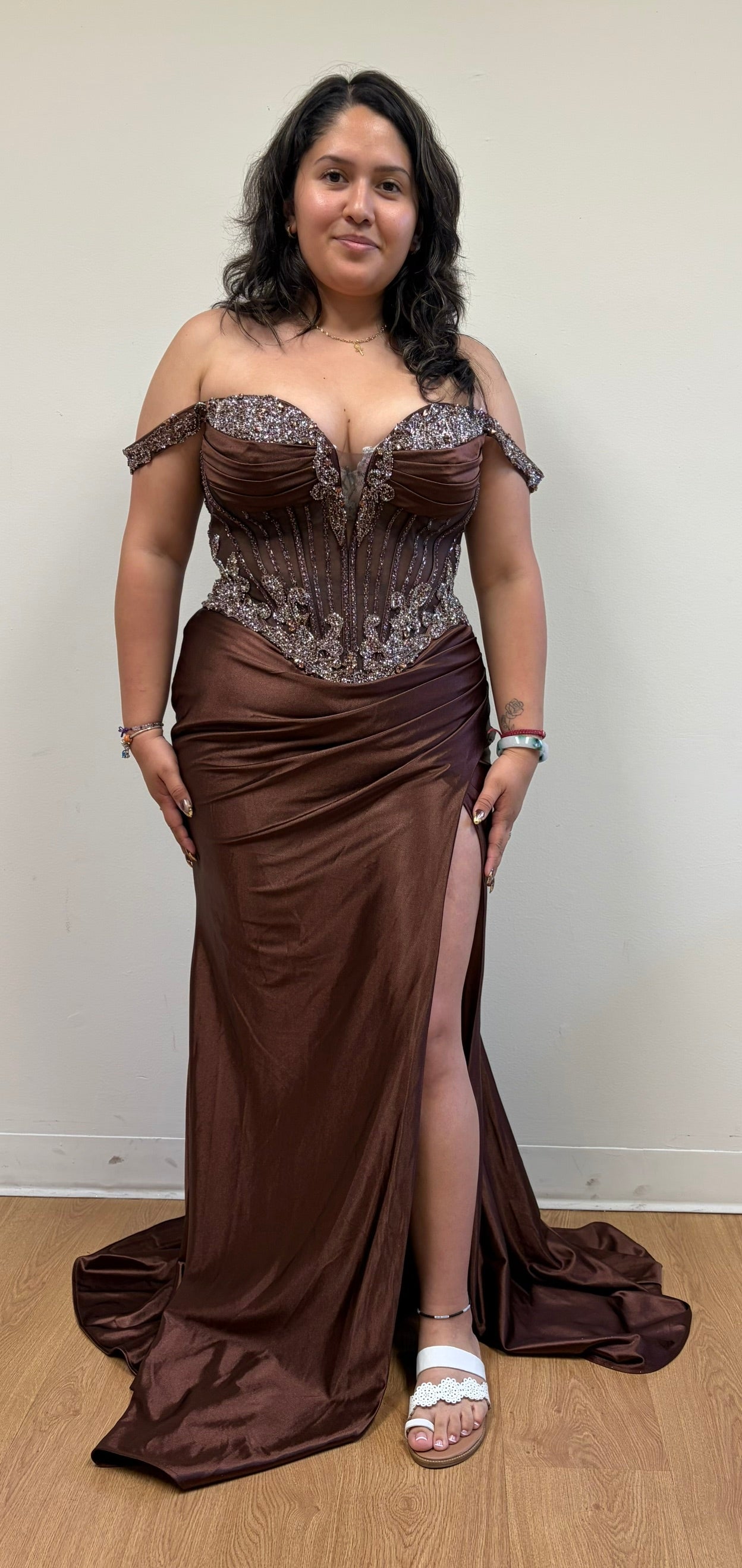 Satin Corset Dress with Beaded Bodice Off Shoulder Straps & Thigh-High Slit by Royal Queen RQ8227
