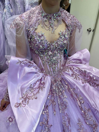 Sweetheart Long Sheer Puff Sleeve Beaded Corset Tiered Ruffle Ball Gown by Layla K LK299