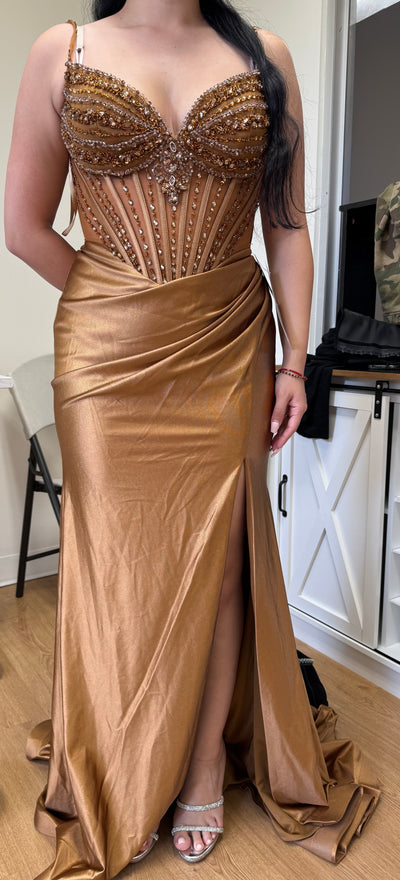 Shimmer Beaded Corset Satin Gown with Spaghetti Straps and High Slit By Lenovia 8404