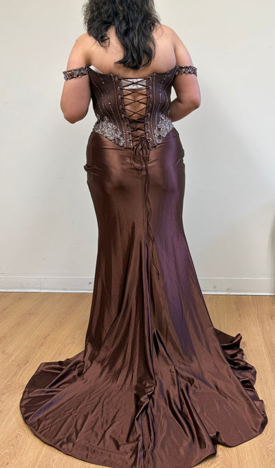 Satin Corset Dress with Beaded Bodice Off Shoulder Straps & Thigh-High Slit by Royal Queen RQ8227