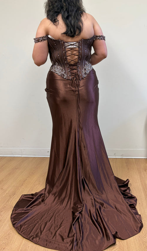 Satin Corset Dress with Beaded Bodice Off Shoulder Straps & Thigh-High Slit by Royal Queen RQ8227