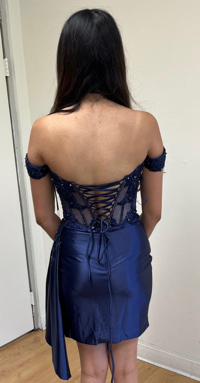 Off-Shoulder Beaded Corset Cocktail Mini Dress with Side Drape by May Queen MQ2213