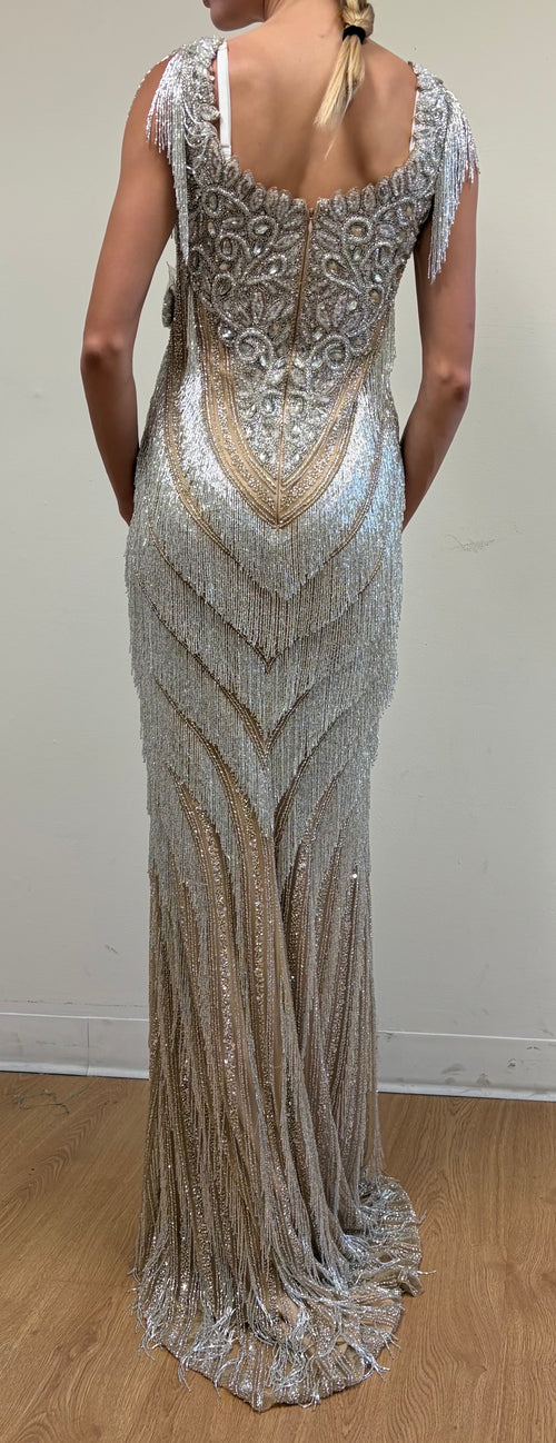 Clearance Silver nude Size 4 Elegant Evening Mother of the Bride Formal Tulle Dress By Terani Couture 251GL4345