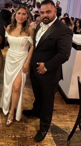Elegant Off Shoulder Ivory Satin Wedding Gown with Corset Back and High Slit By May Queen MQ1953