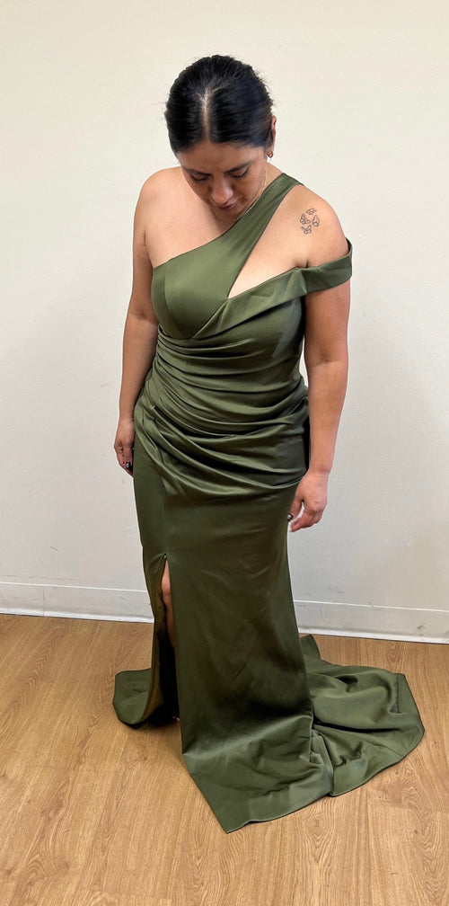 One-Shoulder Satin Evening Gown with Side Slit Fitted Formal Dress by May Queen MQ2199