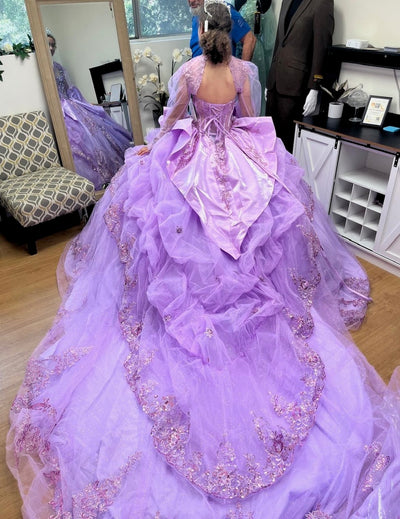 Sweetheart Long Sheer Puff Sleeve Beaded Corset Tiered Ruffle Ball Gown by Layla K LK299