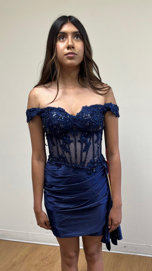 Off-Shoulder Beaded Corset Cocktail Mini Dress with Side Drape by May Queen MQ2213