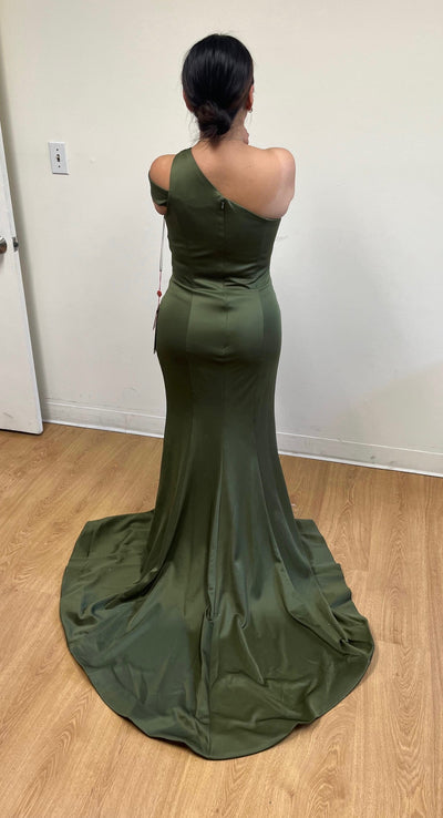 One-Shoulder Satin Evening Gown with Side Slit Fitted Formal Dress by May Queen MQ2199