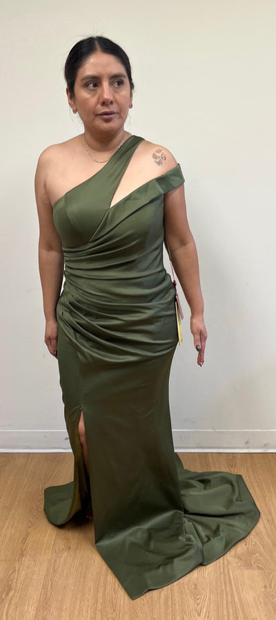 One-Shoulder Satin Evening Gown with Side Slit Fitted Formal Dress by May Queen MQ2199