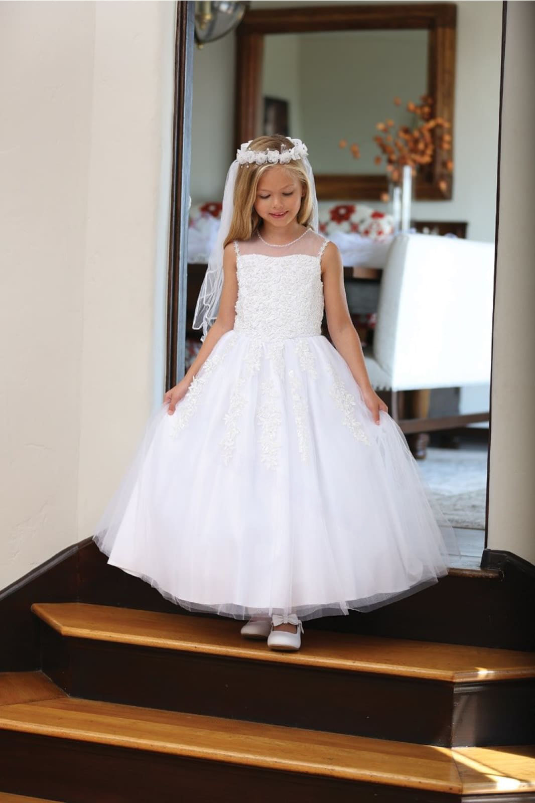 Girls Pageant Dress with Illusion Neckline, Lace Appliques & Tulle Skirt Lace-Up Back By AG5205