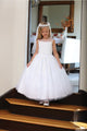 Girls Pageant Dress with Illusion Neckline, Lace Appliques & Tulle Skirt Lace-Up Back By AG5205