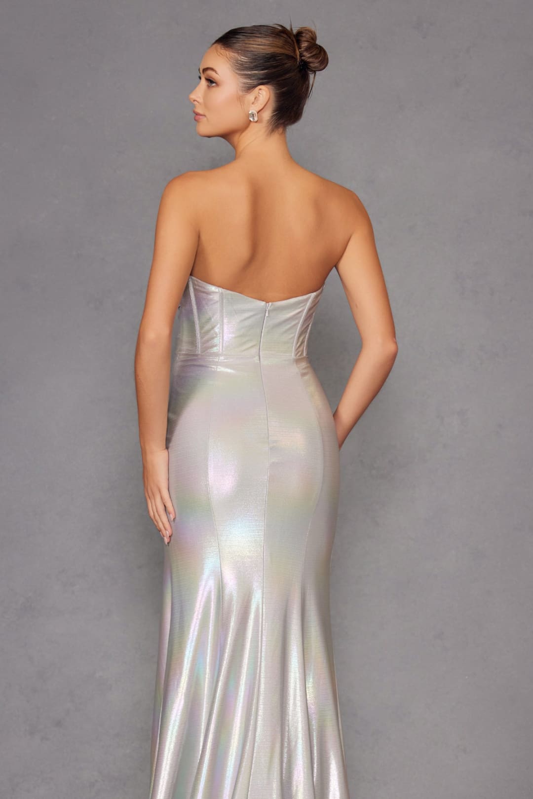 Iridescent Strapless Slit Gown by Juliet JT2579H - Long Formal Dresses