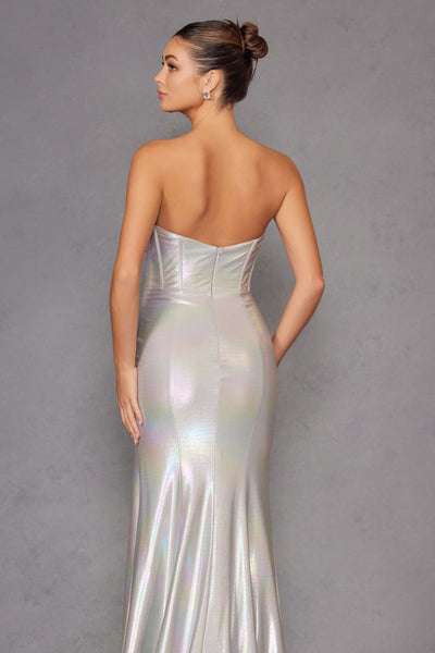 Iridescent Strapless Slit Gown by Juliet JT2579H - Long Formal Dresses