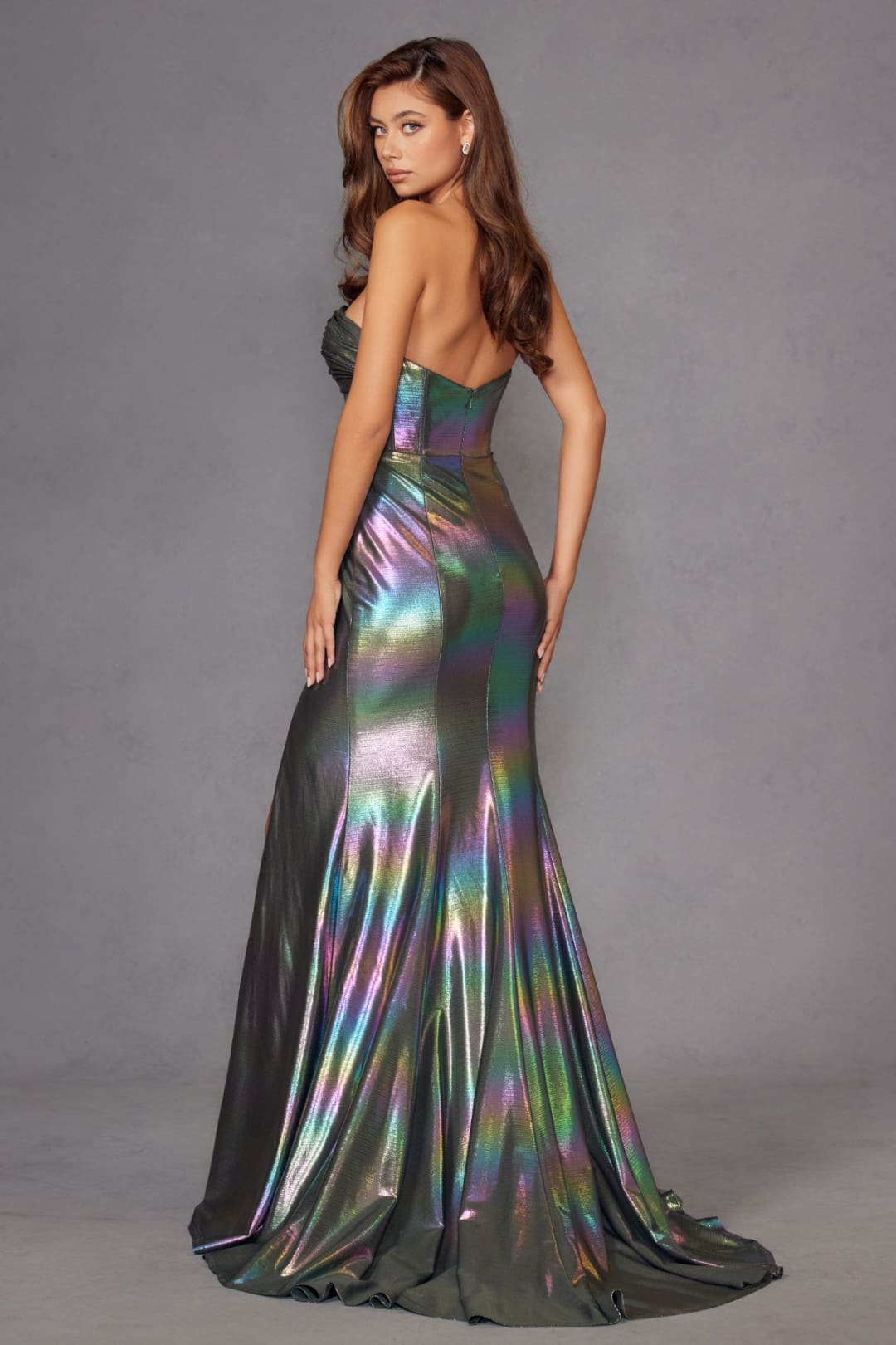 Iridescent Strapless Slit Gown by Juliet JT2579H - Long Formal Dresses