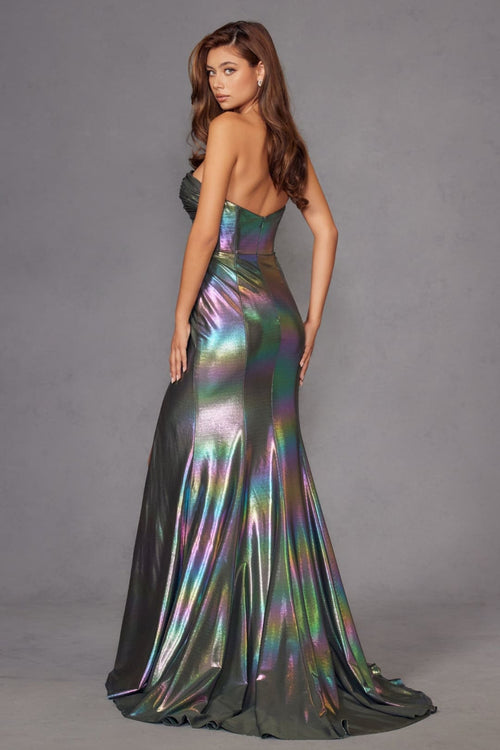 Iridescent Strapless Slit Gown by Juliet JT2579H - Long Formal Dresses
