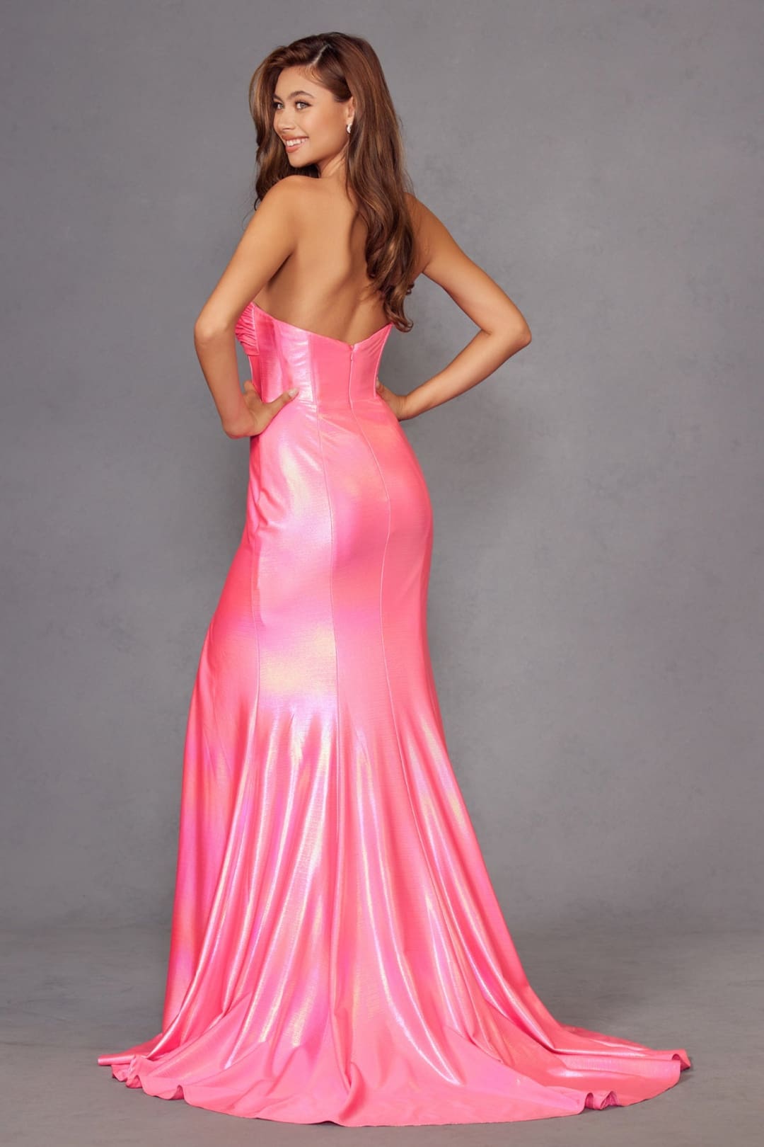 Iridescent Strapless Slit Gown by Juliet JT2579H - Long Formal Dresses