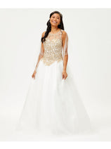 Ivory and Gold Wedding Dress Quince Ball Gown Beaded Bridal Style LK72