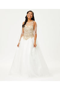 Ivory and Gold Wedding Dress Quince Ball Gown Beaded Bridal Style LK72 - Ivory / 4 - Dress