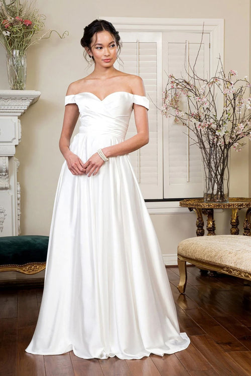 Ivory Off Shoulder Satin Gown by Elizabeth K GL1908 - Ivory / XS - Wedding Dresses