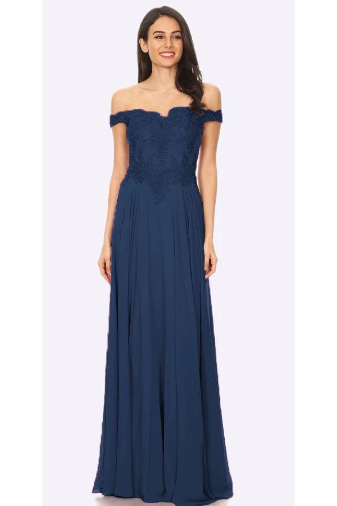 J & J 3073 Off The Shoulder Prom Long Dresses - NAVY BLUE / 6
