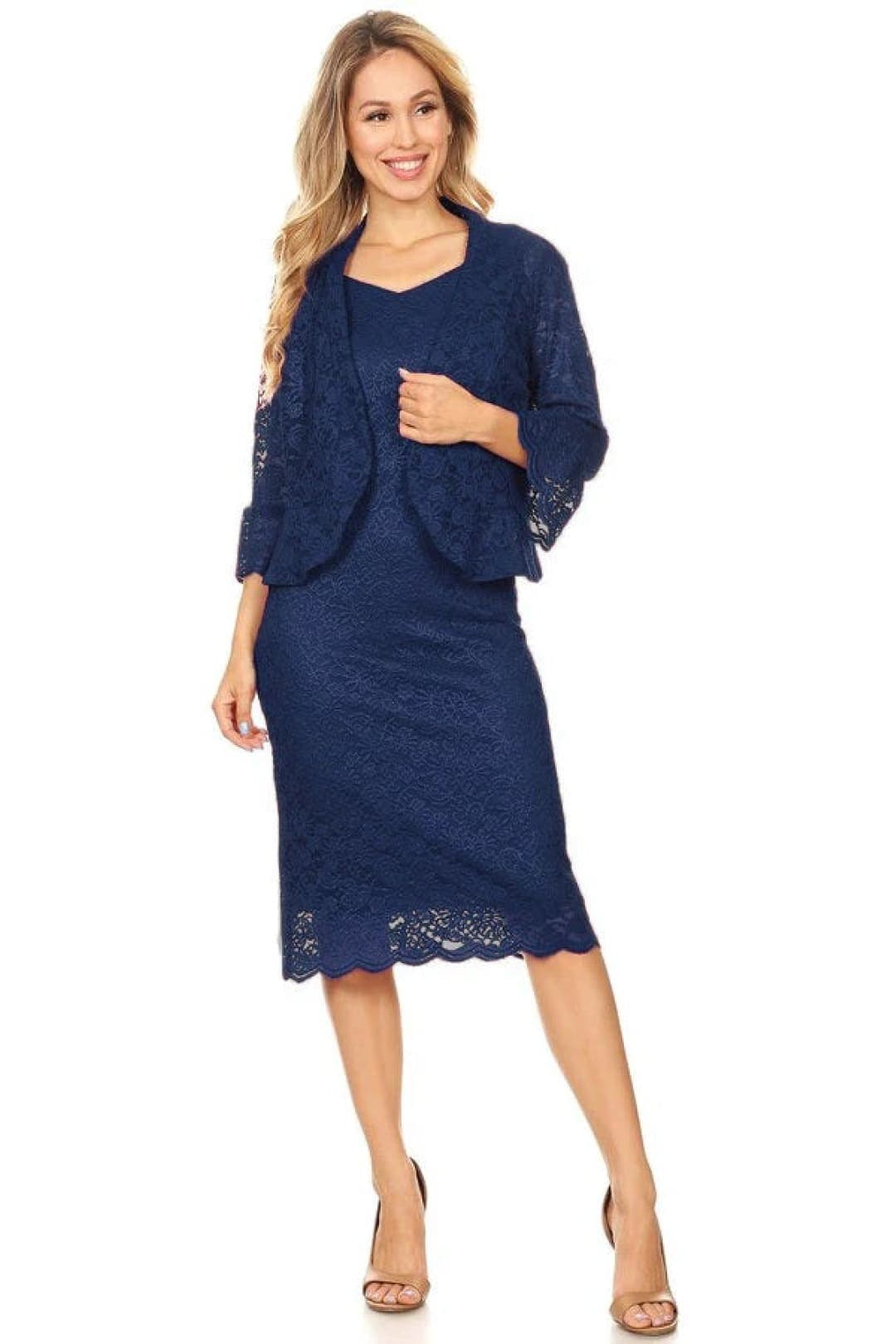 J & J 8873 Plus Size Lace Dresses - NAVY BLUE / M