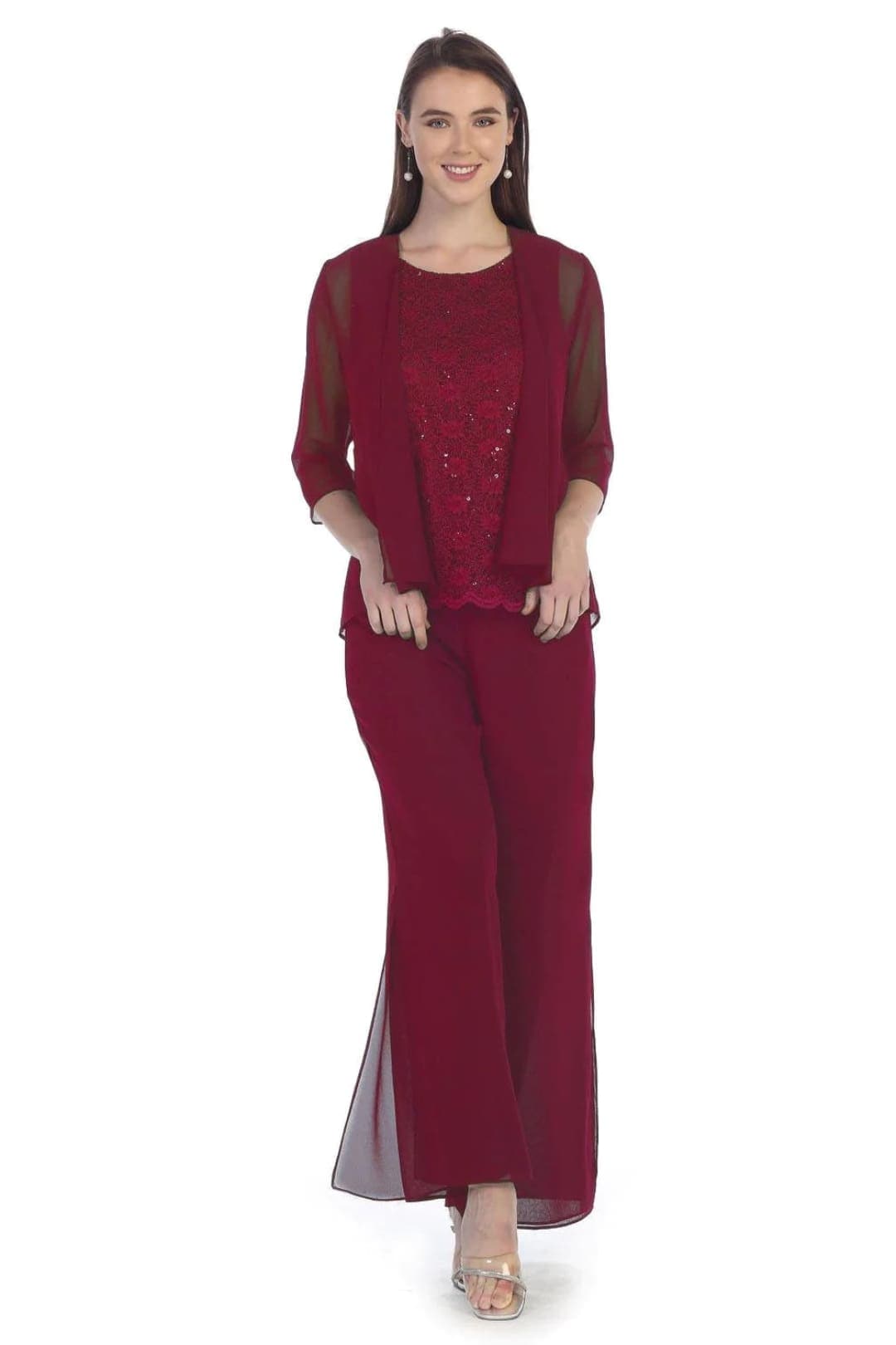 J & J Fashion 8844 Mother Of The Bride 3 Piece Pant Suit - BURGUNDY / M