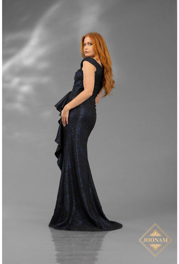 Vestido formal de fiesta largo, ajustado, con corte sirena y volantes Terani Couture J3307