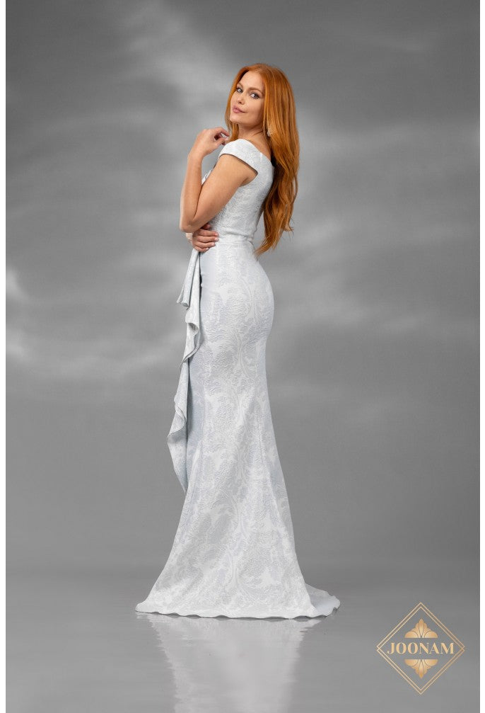 Vestido formal de fiesta largo, ajustado, con corte sirena y volantes Terani Couture J3307