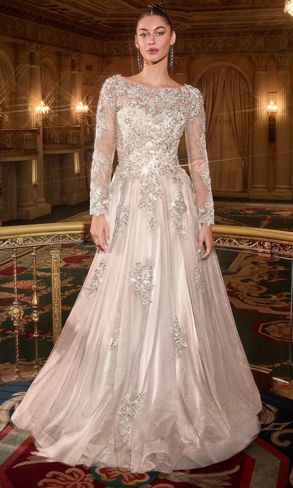 Long Sleeve Embellished A-Line Evening Gown with Illusion Lace Bodice & Sparkling Appliqués by Cinderella Divine J883W