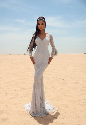 Chic and Holland EW990013 V-Neck Long Sleeve Evening Gown