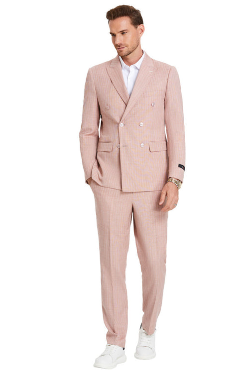 Traje de verano para hombre, entallado, cruzado, en tonos pastel, con raya diplomática rosa rosa