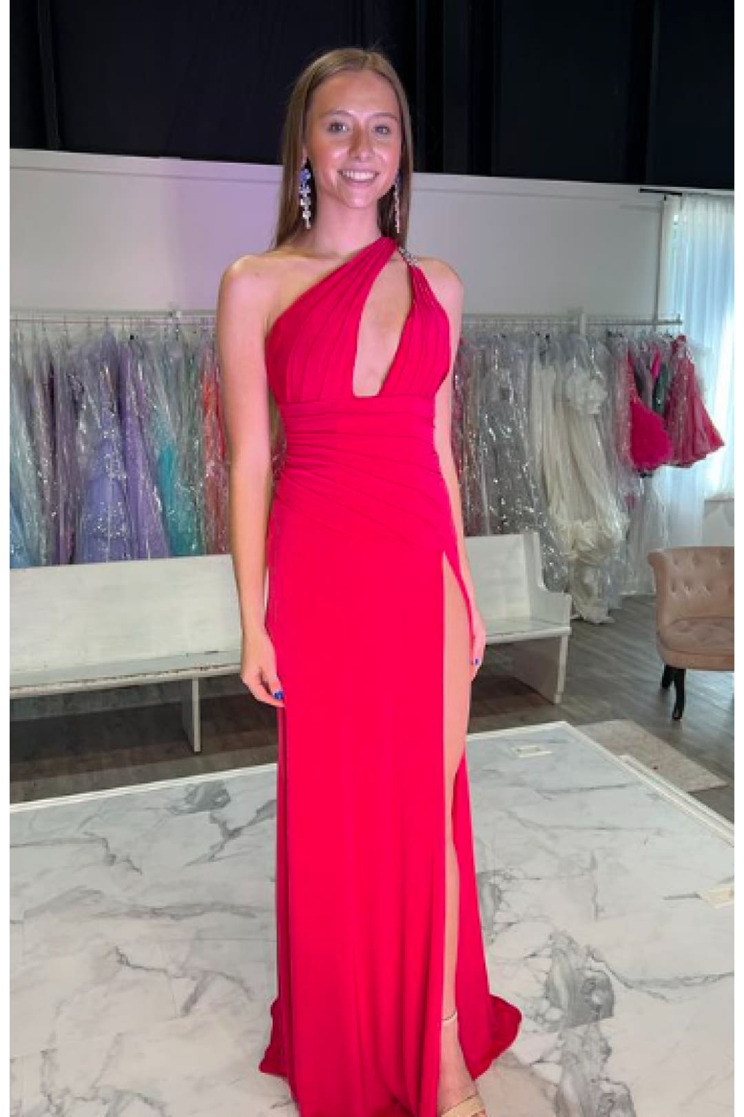 Jersey Fitted One Shoulder Slit Gown by Jovani 02543 - 00 / Red - Long Formal Dresses