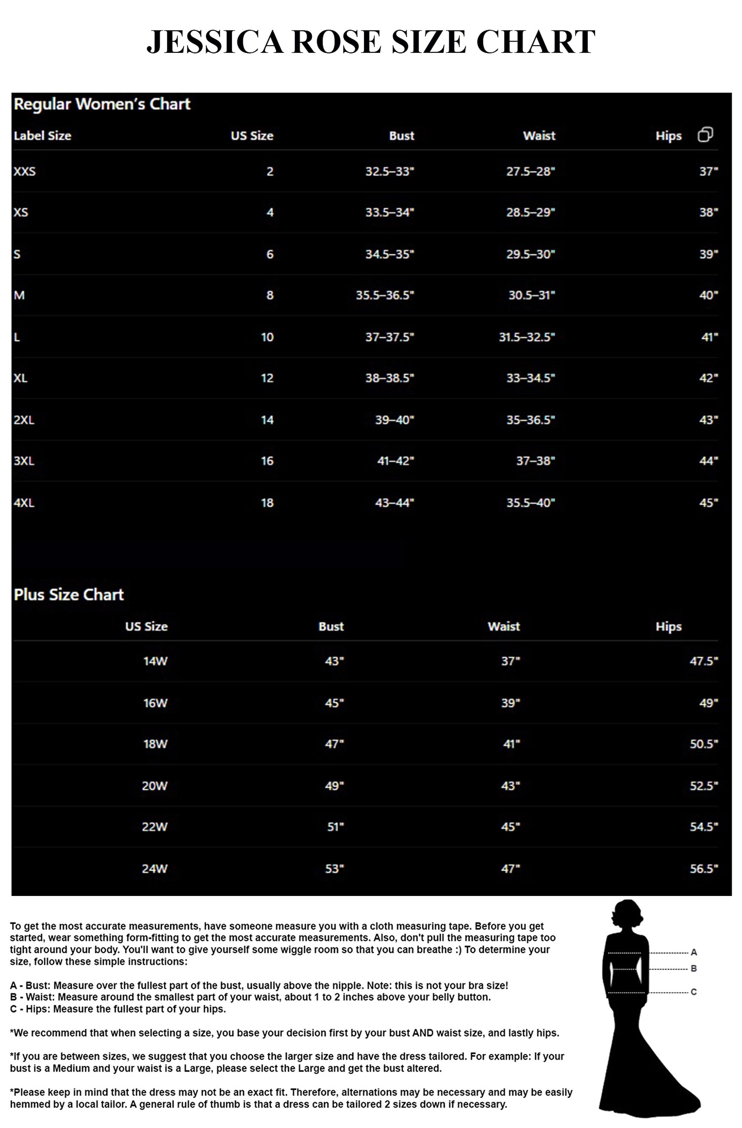 Jessica Rose Size Chart