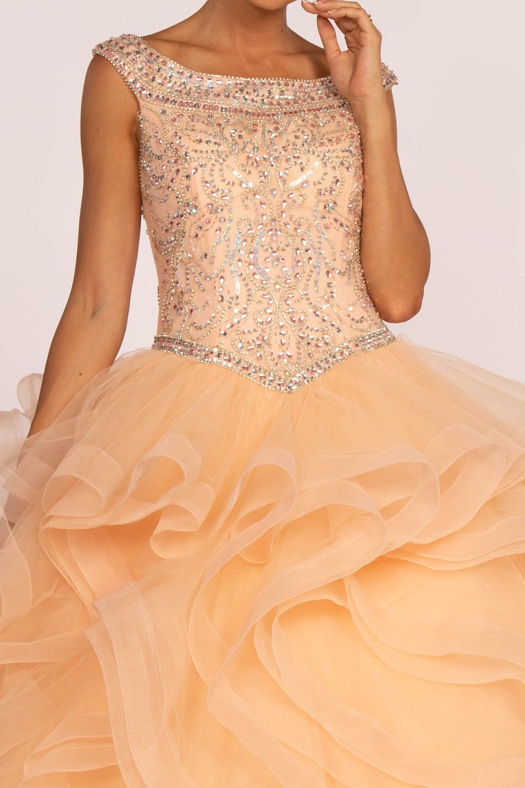 Jeweled Cap Sleeve Ball Gown with Layered Skirt by Elizabeth K GL1600 - Quinceanera Dresses