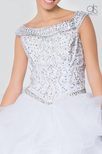 Jeweled Cap Sleeve Ball Gown with Layered Skirt by Elizabeth K GL1600 - Quinceanera Dresses