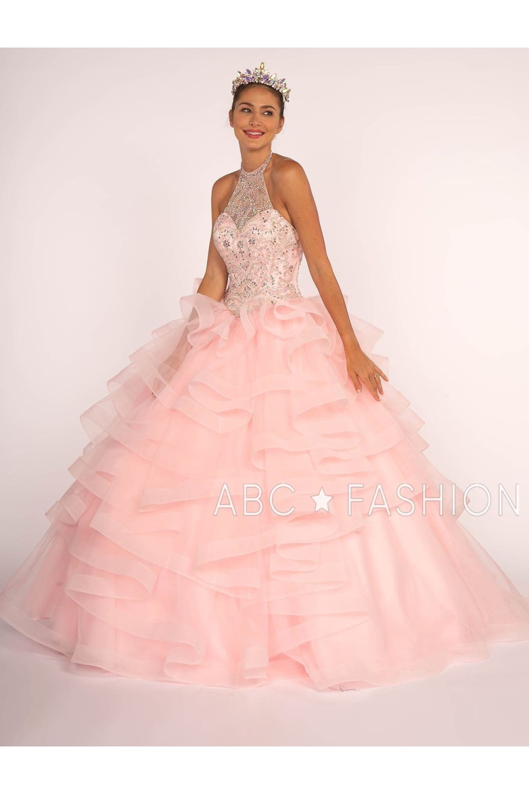 Jeweled Halter Ball Gown with Layered Skirt by Elizabeth K GL2512-Quinceanera Dresses-ABC Fashion