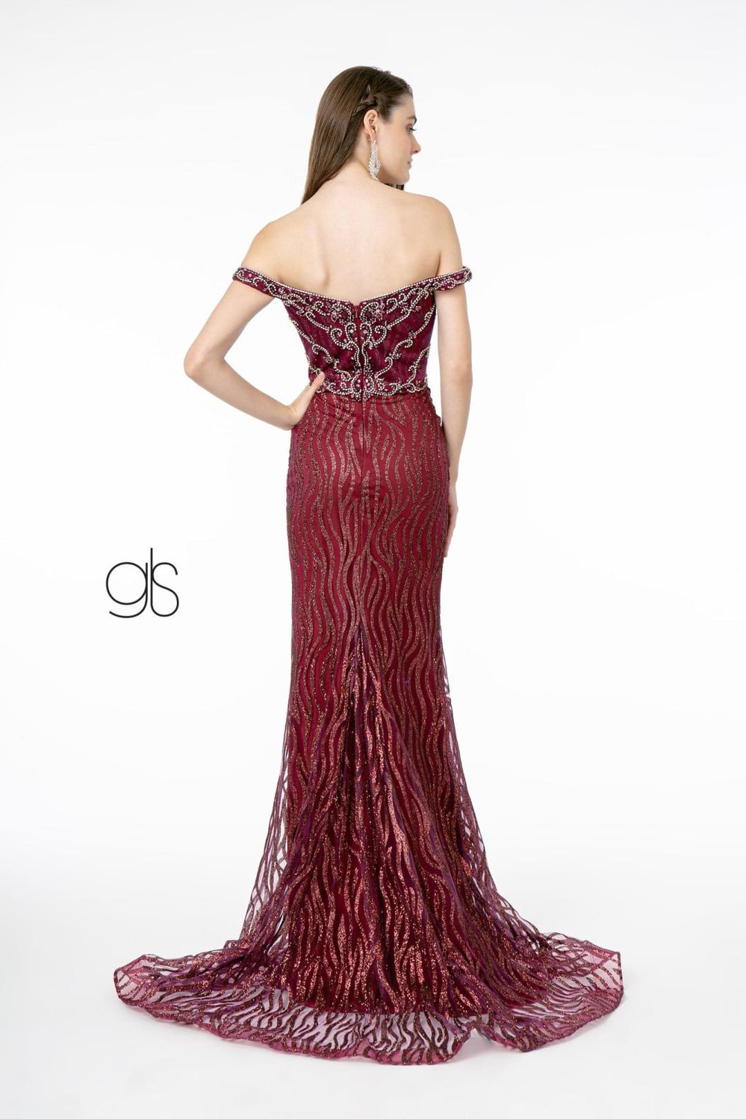 Jeweled Long Off Shoulder Glitter Dress by Elizabeth K GL1818 - Long Formal Dresses