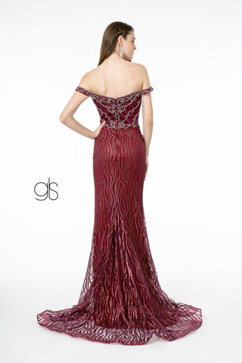 Jeweled Long Off Shoulder Glitter Dress by Elizabeth K GL1818 - Long Formal Dresses