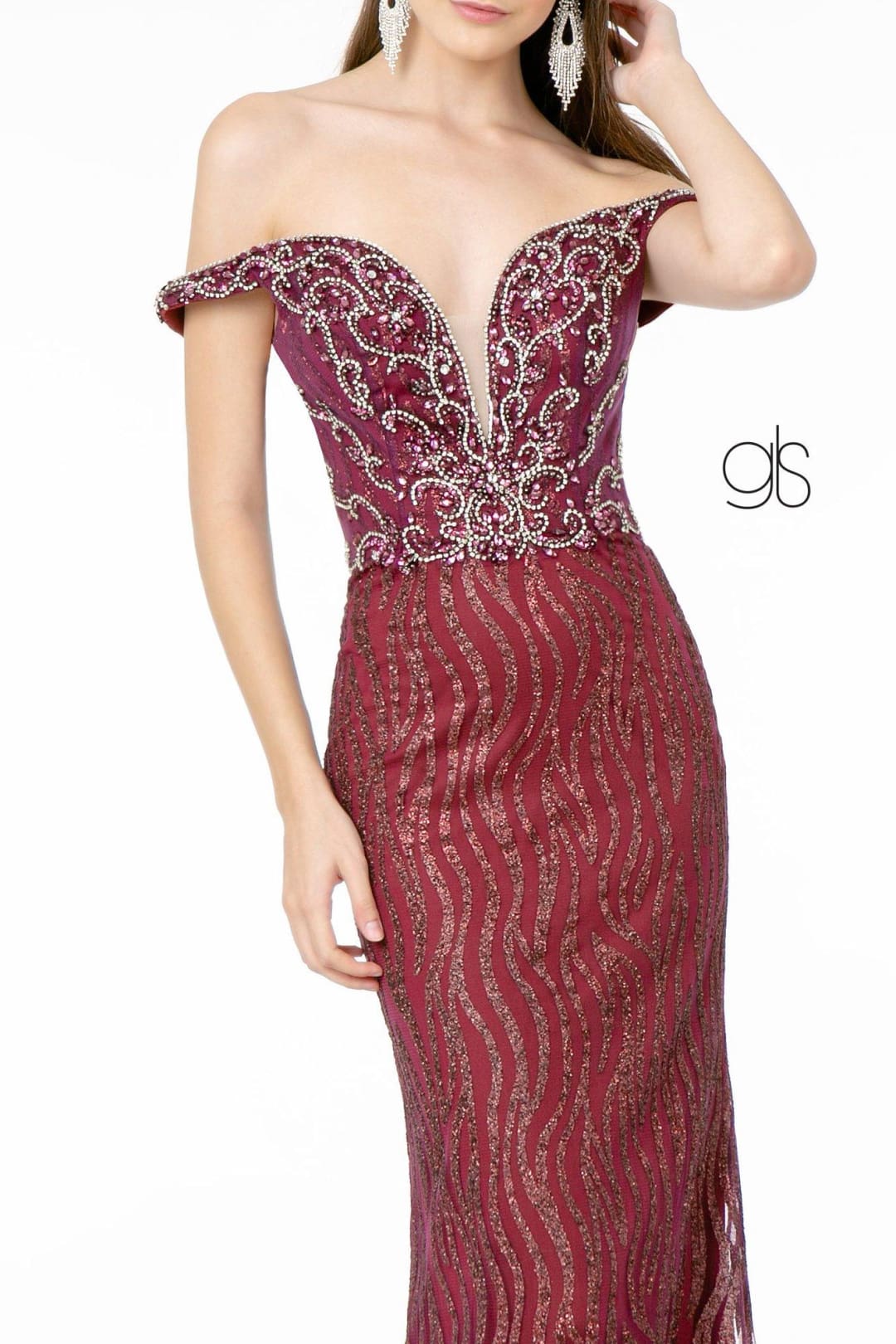 Jeweled Long Off Shoulder Glitter Dress by Elizabeth K GL1818 - Long Formal Dresses