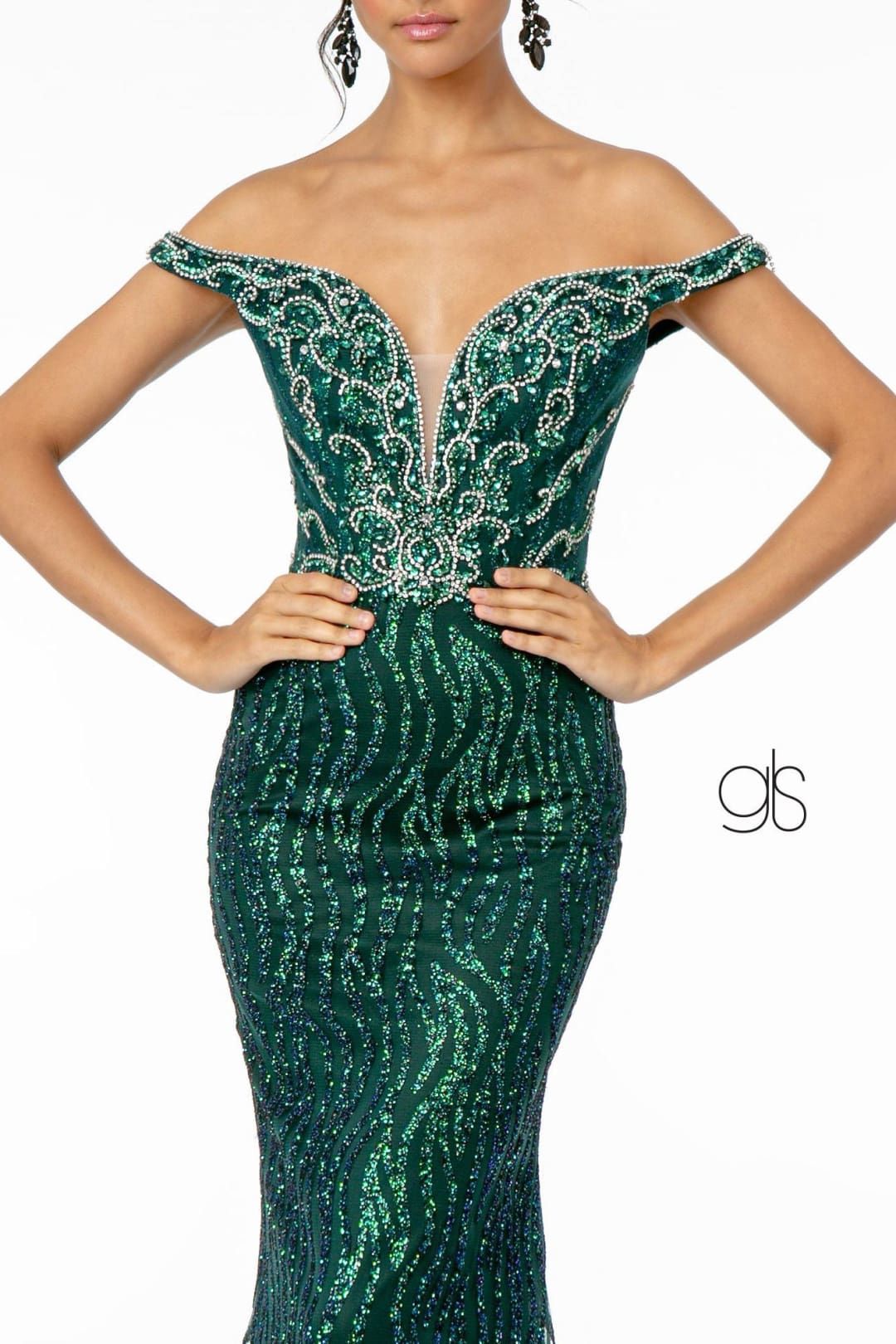 Jeweled Long Off Shoulder Glitter Dress by Elizabeth K GL1818 - Long Formal Dresses