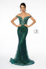 Jeweled Long Off Shoulder Glitter Dress by Elizabeth K GL1818 - XS / Green - Long Formal Dresses