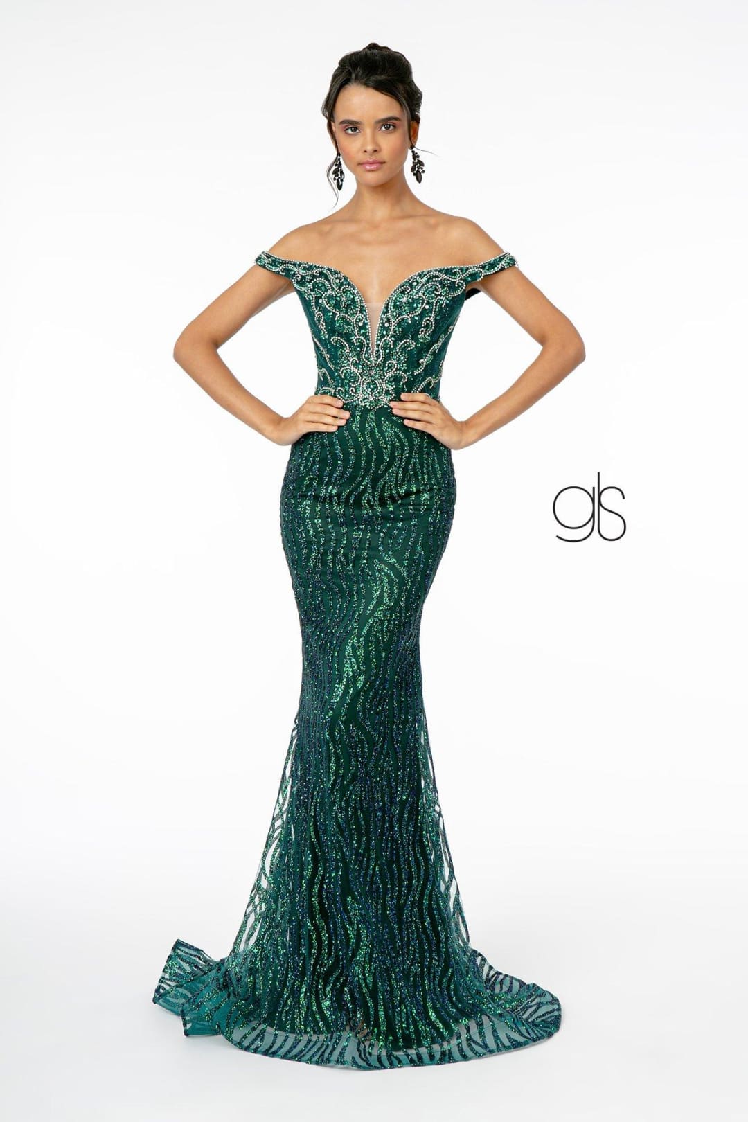 Jeweled Long Off Shoulder Glitter Dress by Elizabeth K GL1818 - XS / Green - Long Formal Dresses