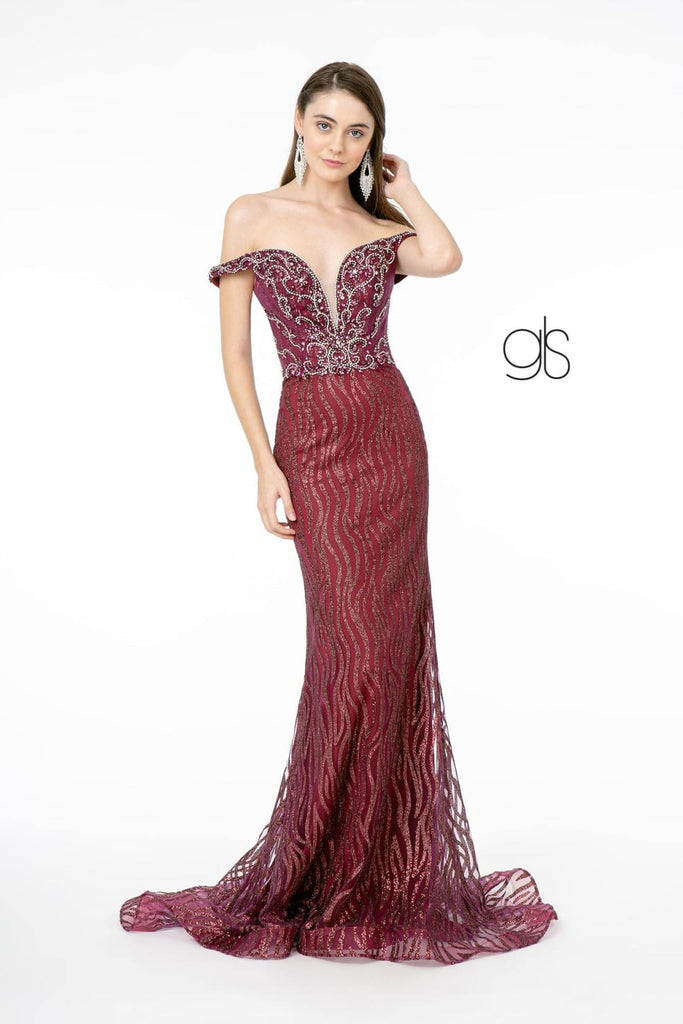 Jeweled Long Off Shoulder Glitter Dress by Elizabeth K GL1818 - XS / Wine - Long Formal Dresses