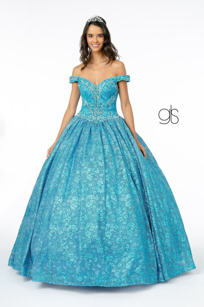 Jeweled Off the Shoulder Ball Gown by Elizabeth K GL1821 - XS / Turquoise - Quinceanera Dresses